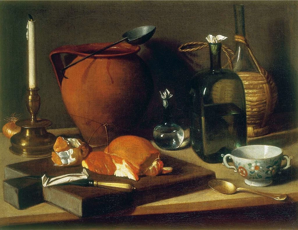Natura morta con tazza, bottiglia, vaso di terracotta e candeliere